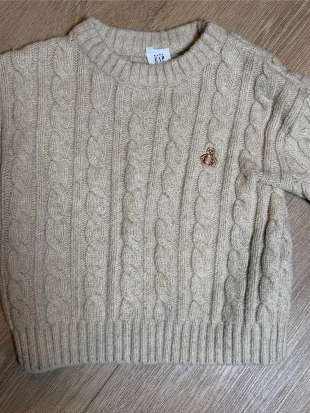 Baby Gap Cable Knit Sweater Beige 12-18M Bear Embroidery